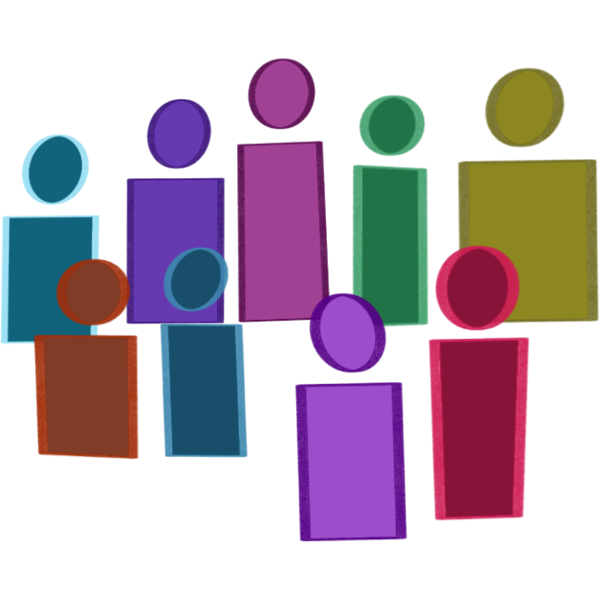 A drawing of 8 figures. The figures all have rectangle heads and circle heads they are all of various sizes and colors as well.